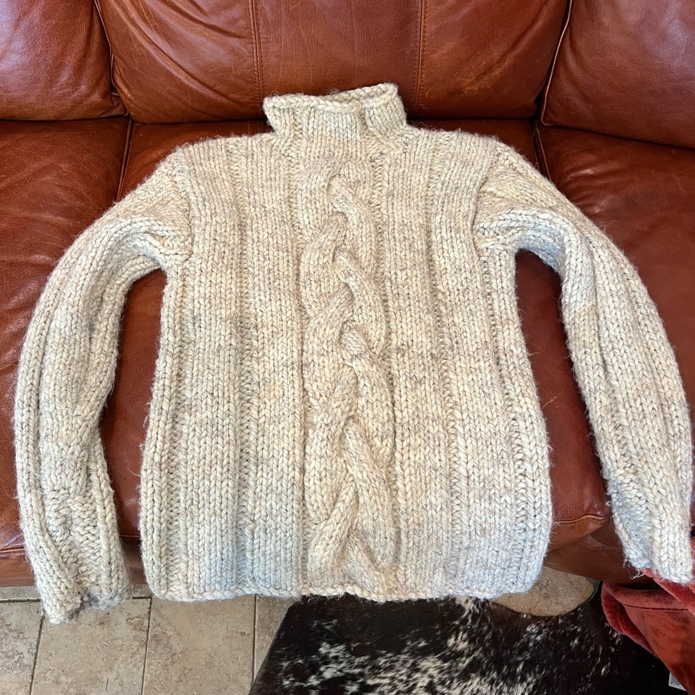 Hand-Knit Cream Cable Turtleneck Sweater